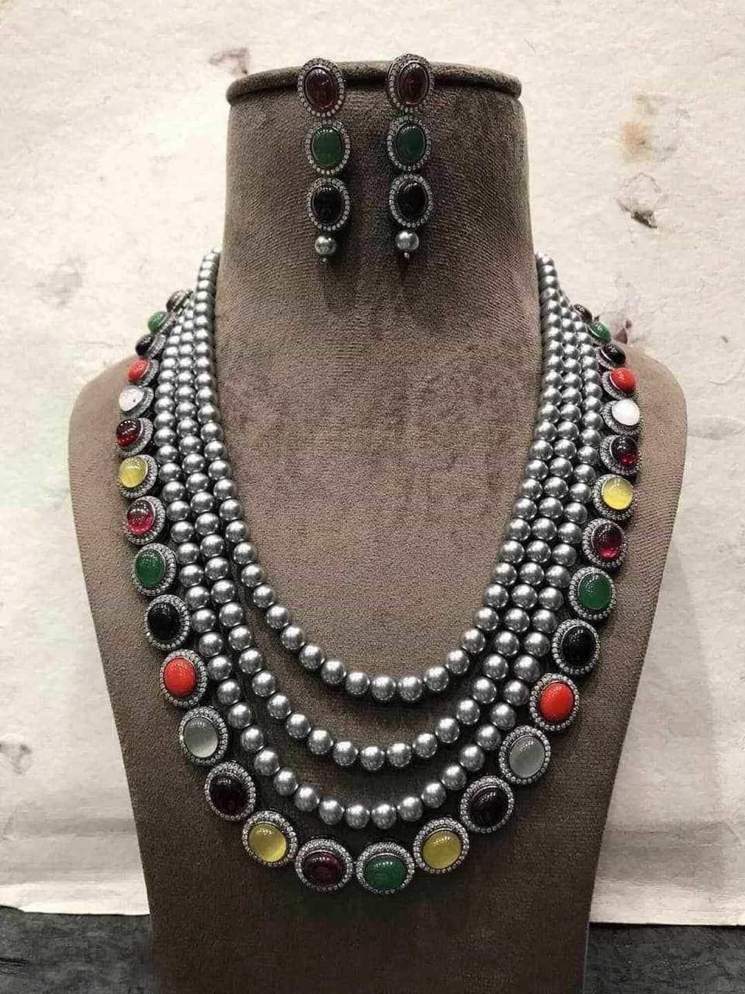 Ishhaara Grey pearls Layerd Navarathna Necklace