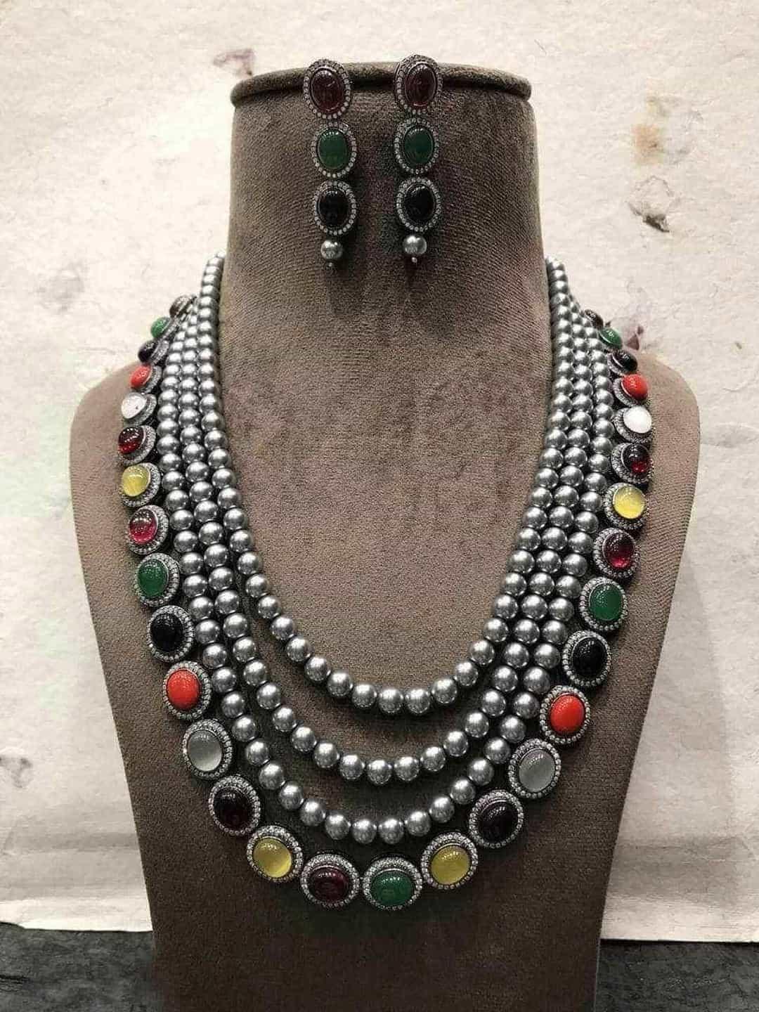 Ishhaara Grey Pearls Layerd Navarathna Necklace