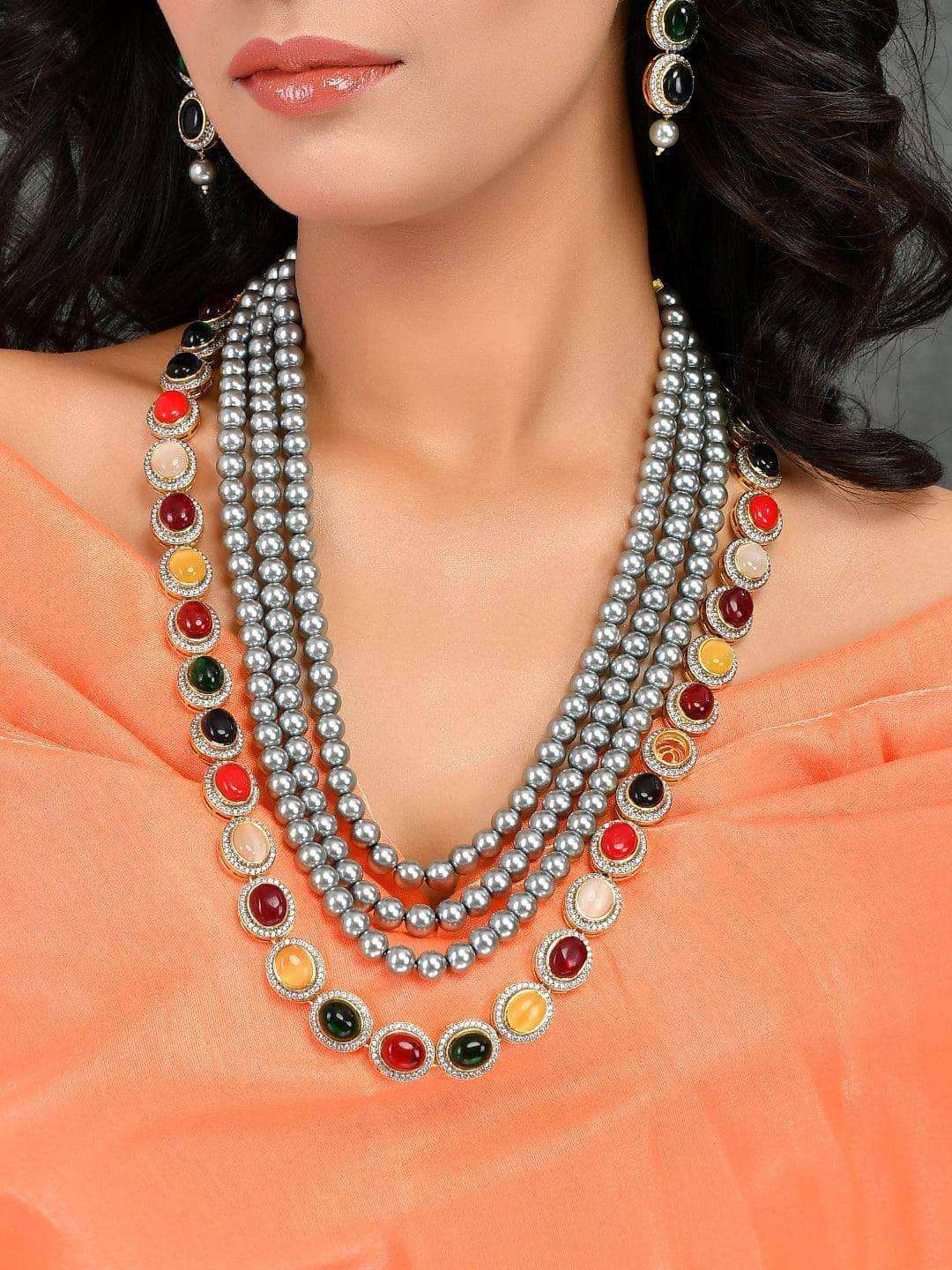 Ishhaara Grey Pearls Layerd Navarathna Necklace