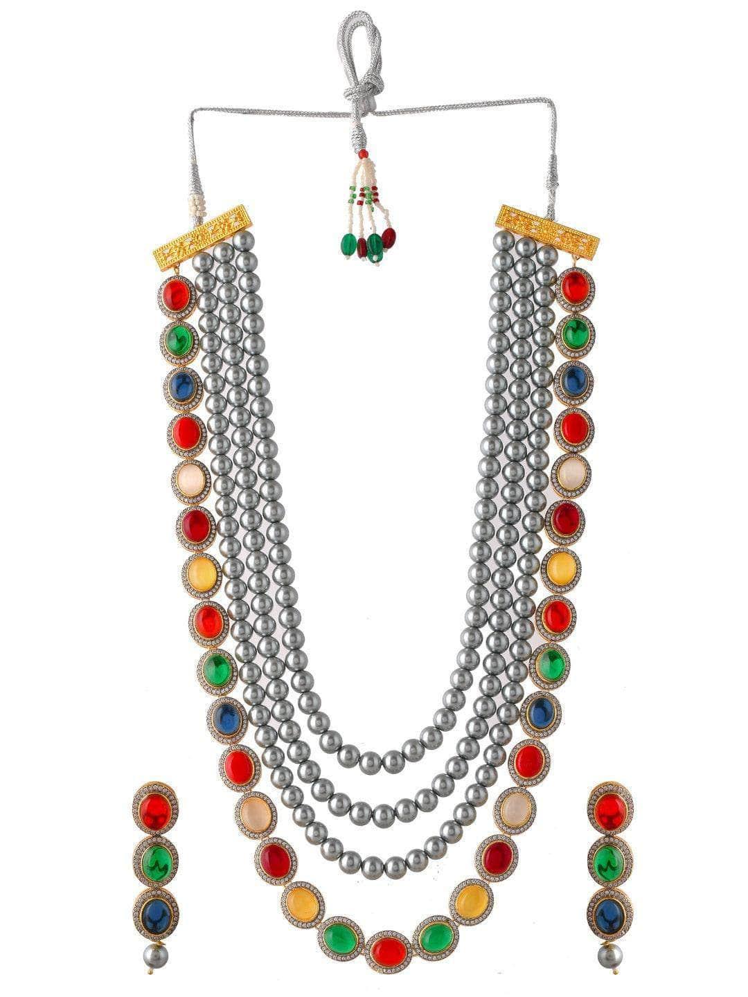 Ishhaara Grey Pearls Layerd Navarathna Necklace