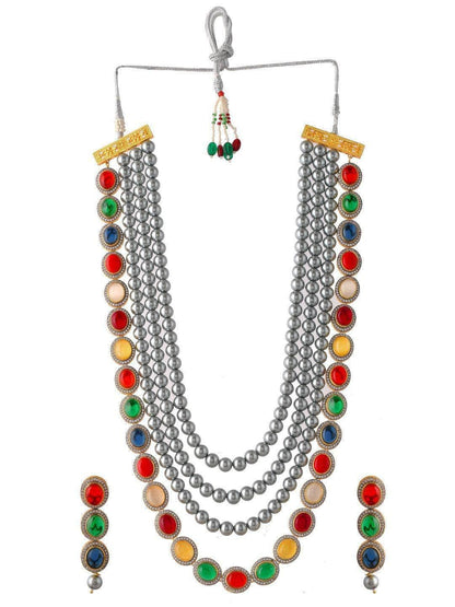 Ishhaara Grey Pearls Layerd Navarathna Necklace