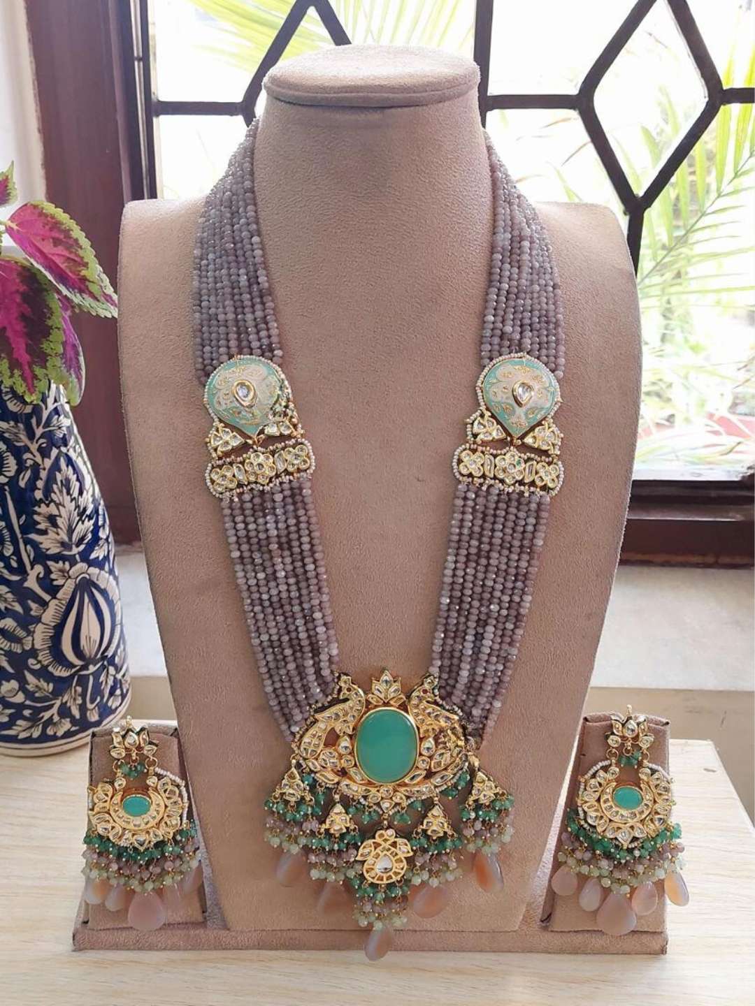 Ishhaara Grey Royal Peacock Necklace Set