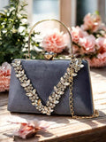 Ishhaara Grey Stone Embellished Velvet Box Clutch
