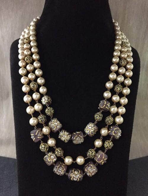 Ishhaara Grey Triple Layered Pearl Precious Stone Necklace