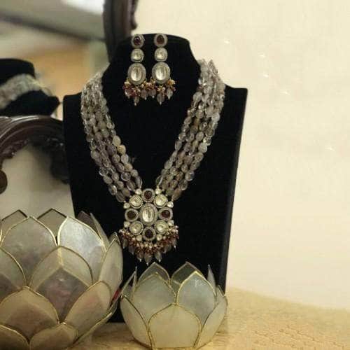 Ishhaara Grey Victorian Pendant Long Necklace And Earring Set