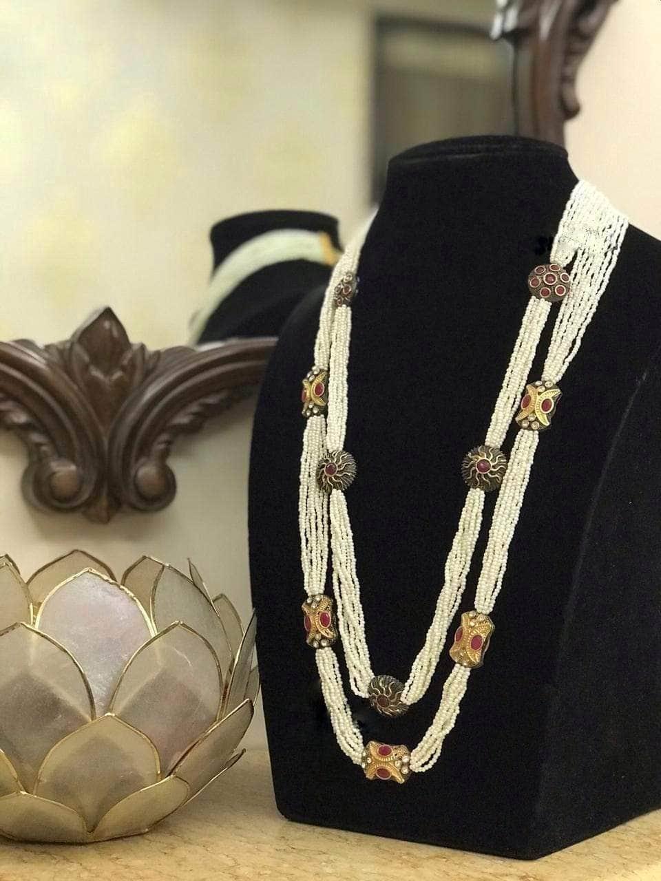 Ishhaara Gunmetal Beads With Moti Necklace