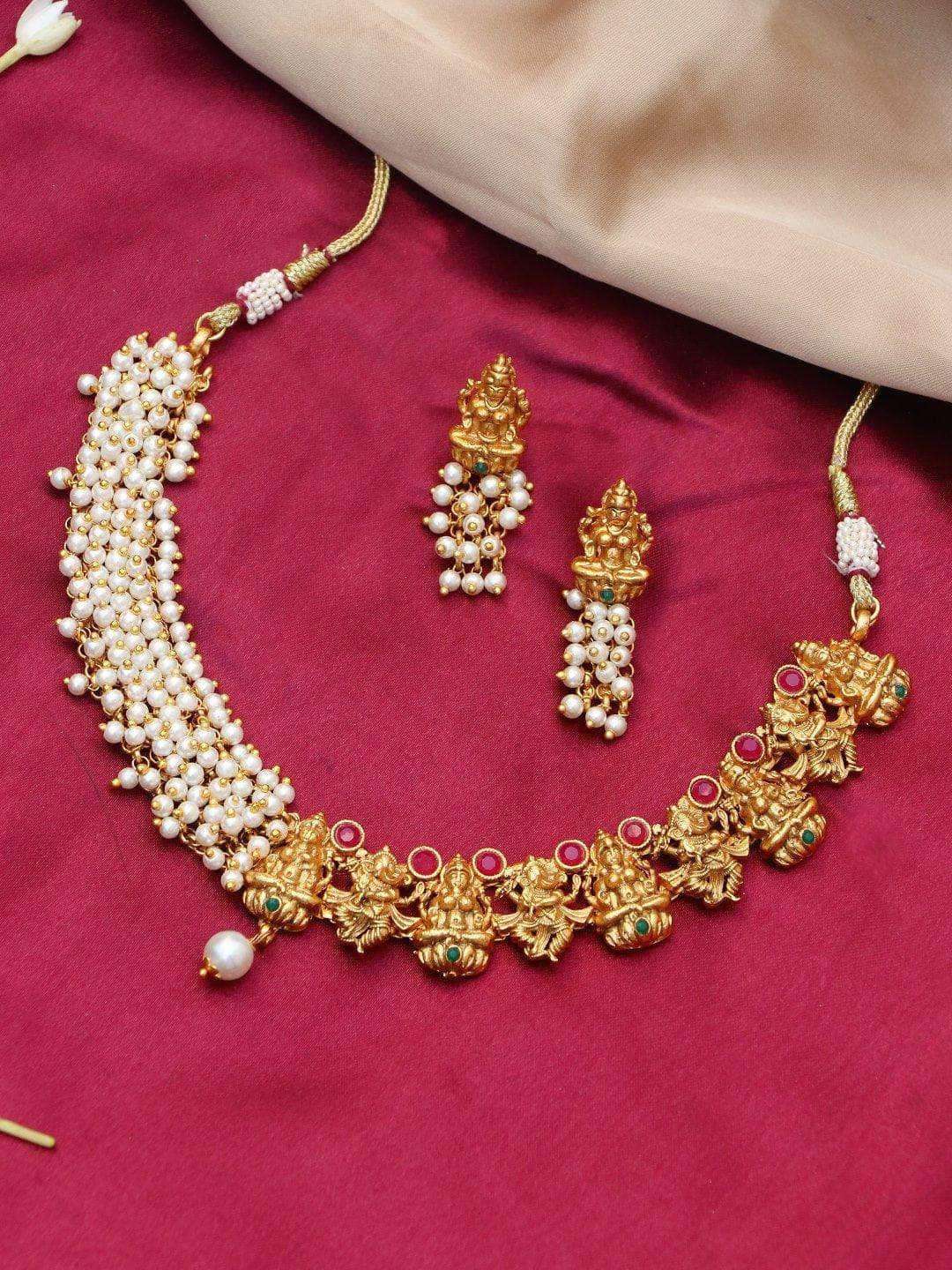 Ishhaara Half Cheed And Half Antique Necklace Temple Jewellery Set