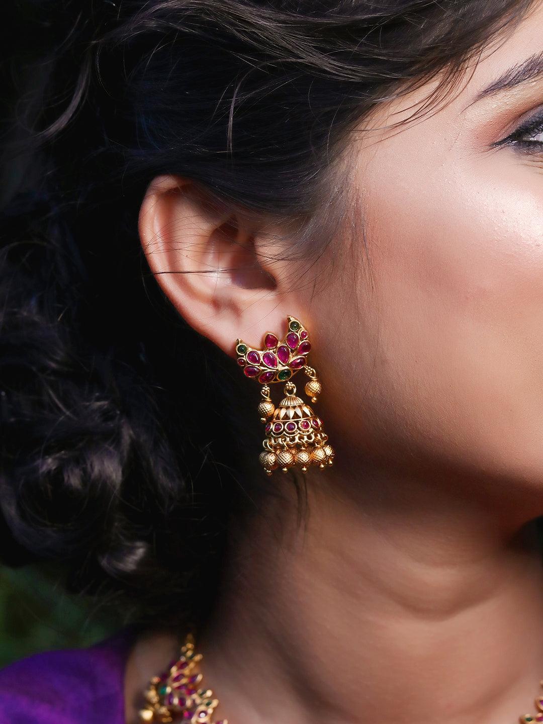 Ishhaara Halfmoon Kempu Necklace With Jhumka Earring Set