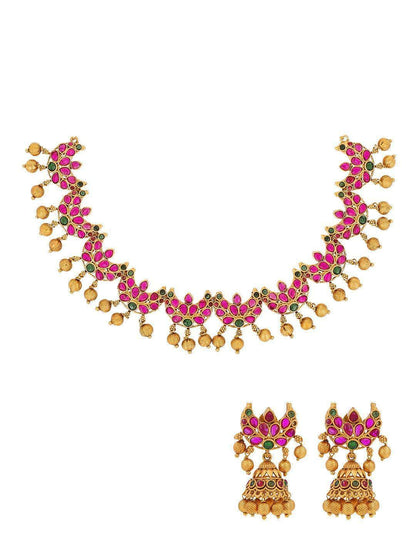 Ishhaara Halfmoon Kempu Necklace With Jhumka Earring Set