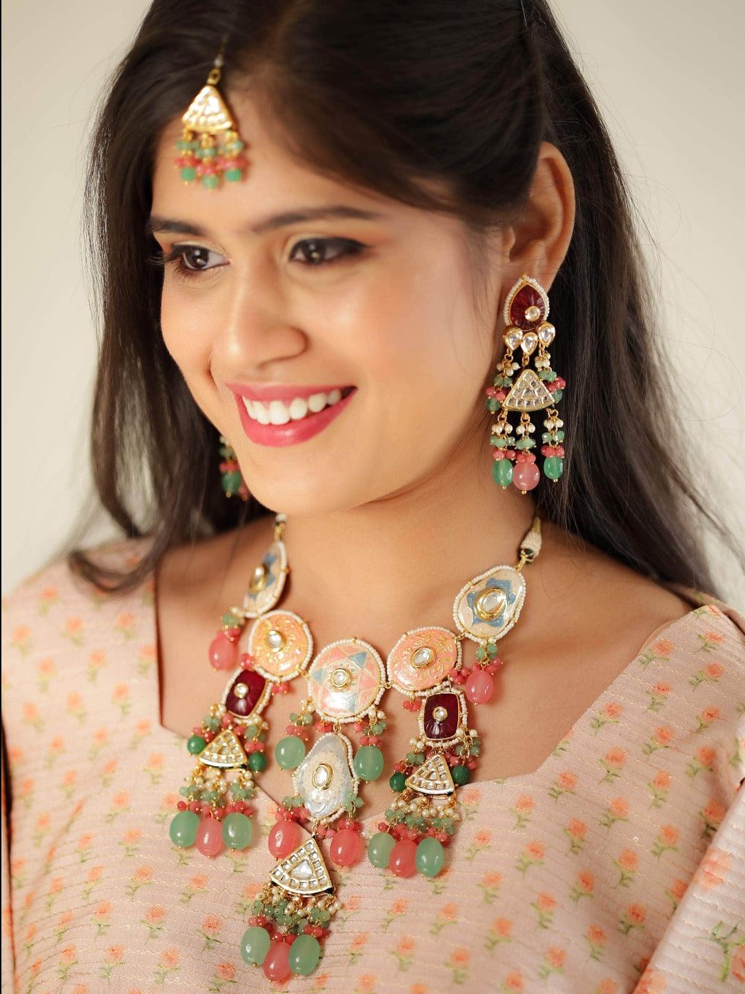Ishhaara Hand Painted Kundan Meena Necklace Set