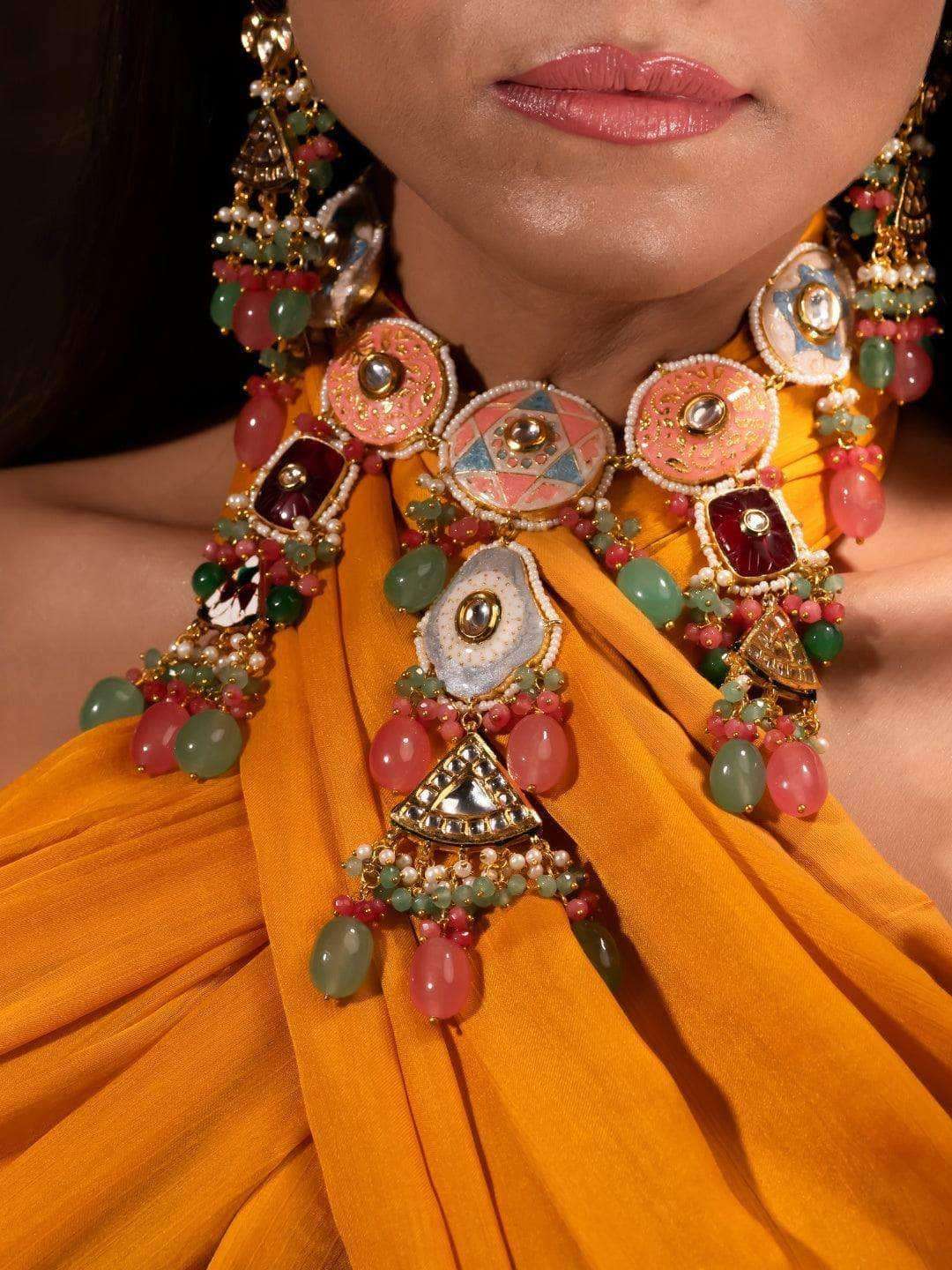 Ishhaara Hand Painted Kundan Meena Necklace Set
