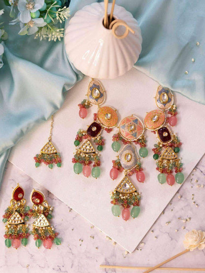 Ishhaara Hand Painted Kundan Meena Necklace Set