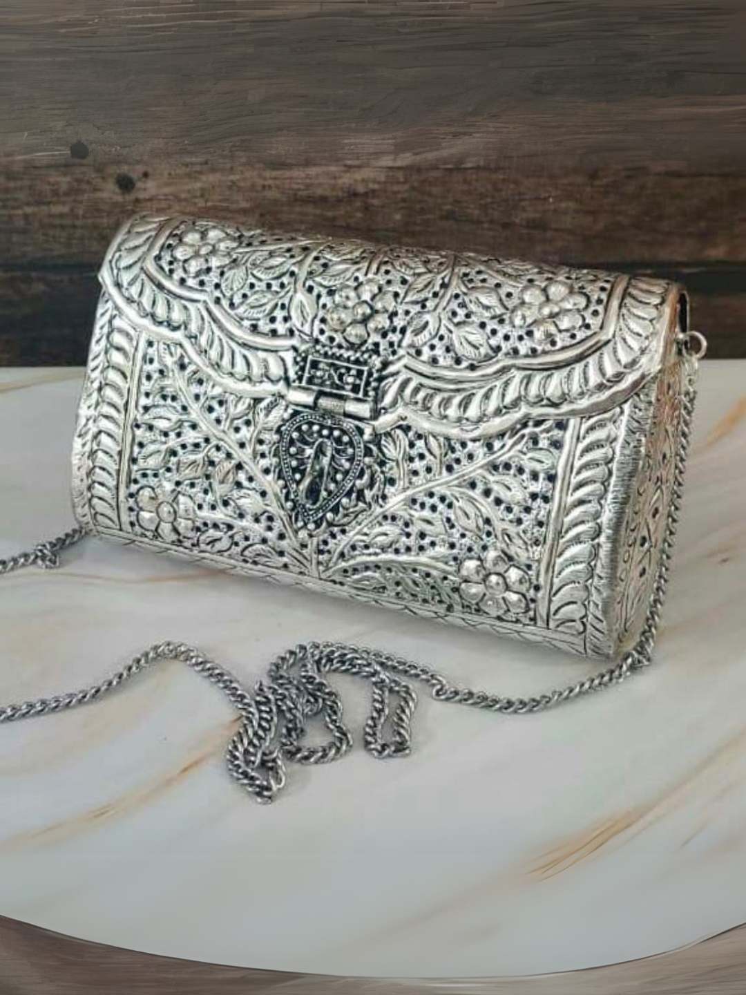 Ishhaara Handcrafted German Silver Metal Bridal Clutch