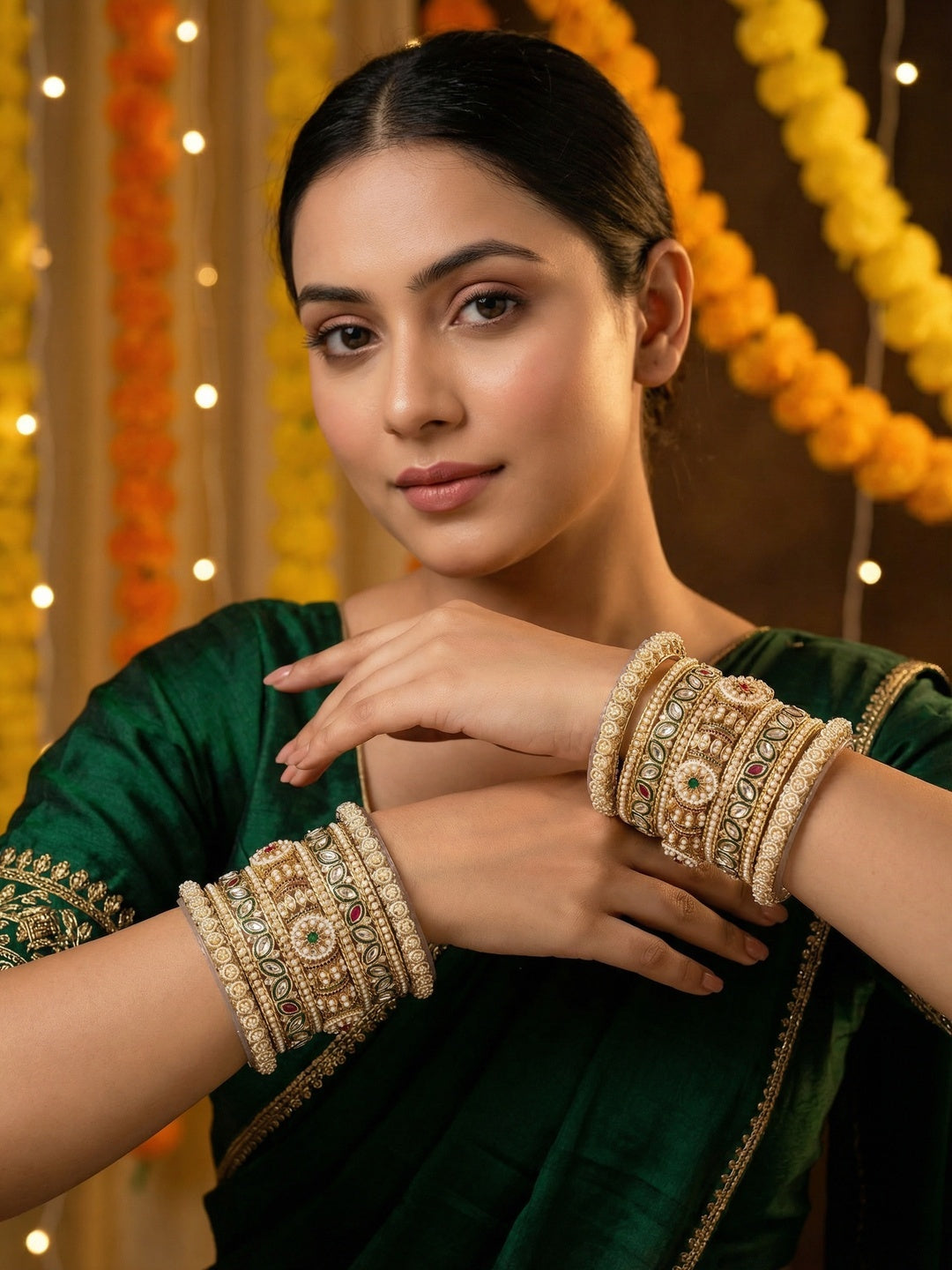Ishhaara Handcrafted Kundan Bangles Set for Women - a woman wearing green saree with kundan bangles