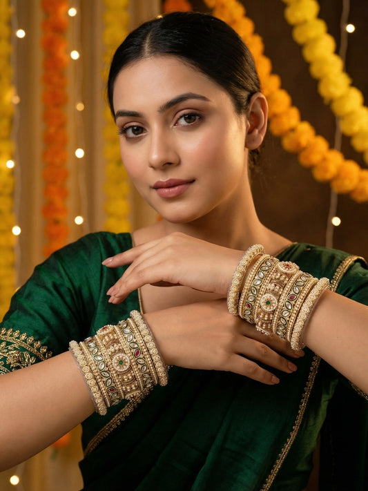 Ishhaara Handcrafted Kundan Bangles Set for Women - a woman wearing green saree with kundan bangles