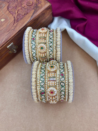 Ishhaara Handcrafted Kundan Bangles Set for Women - a woman wearing green saree with kundan bangles - view 4