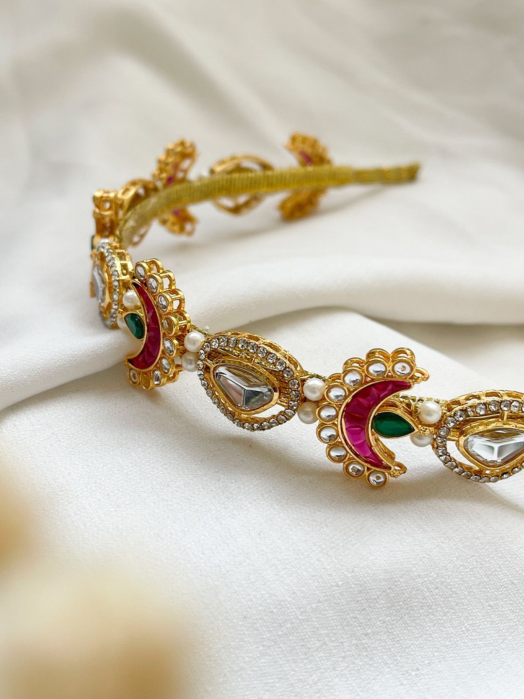 Ishhaara Handcrafted Moon Shaped Polki Kundan Studded Hair Band