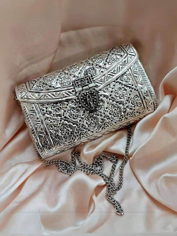 Ishhaara Handmade Handcrafted Antique Silver Metal Clutch