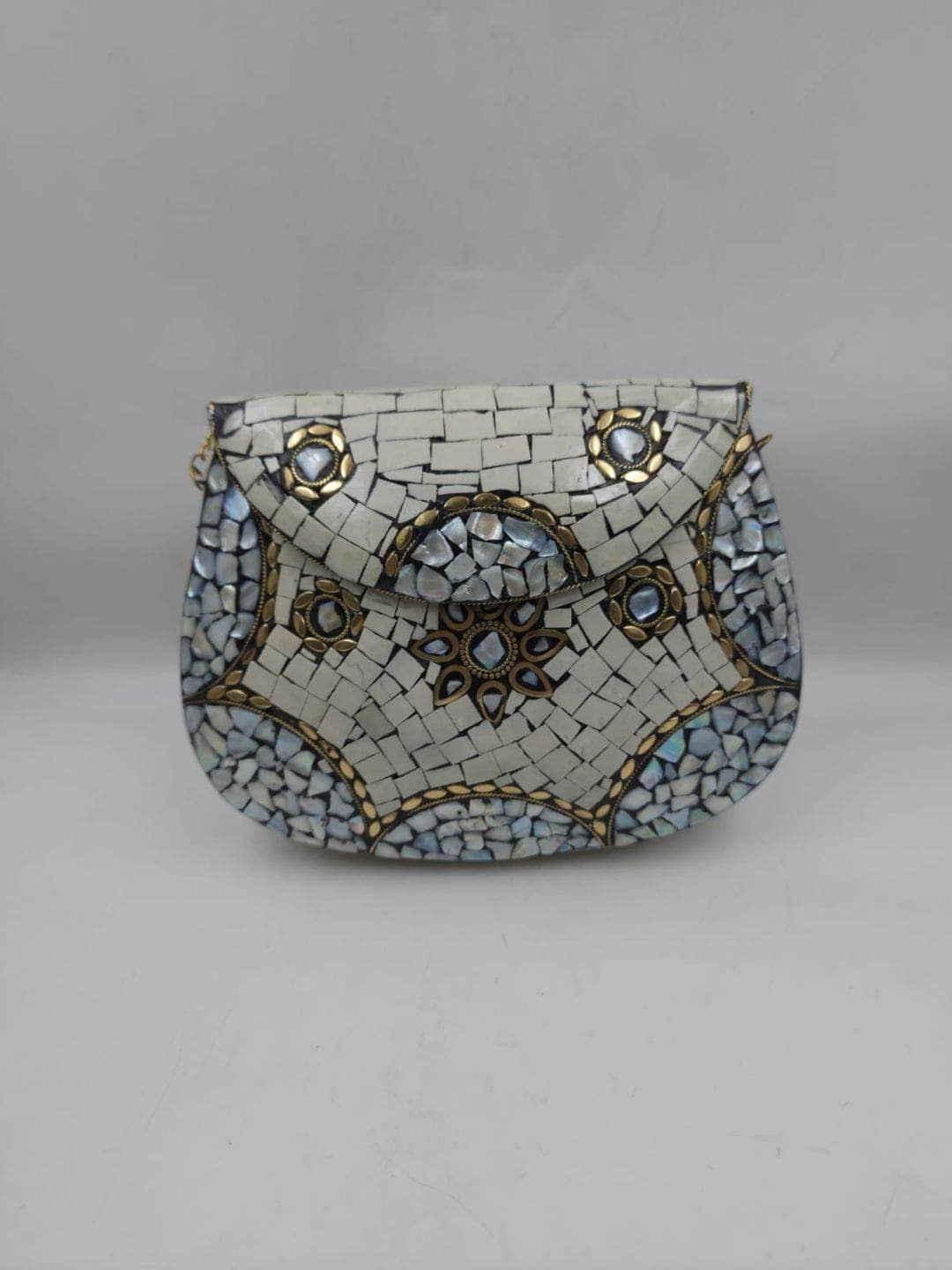 Ishhaara Handmade Mother Of Pearl Mosaic Metal Clutch