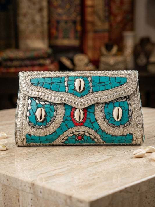 Ishhaara Handmade Stone And Shell Work Clutch