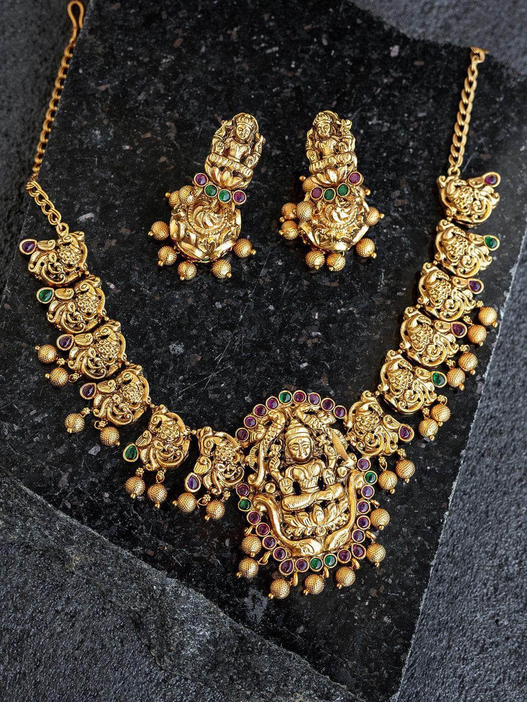 Ishhaara Intricate Antique Lakshmi Temple Necklace With Earrings