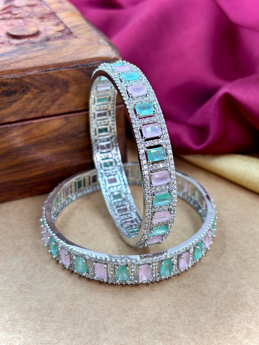Ishhaara CZ Kundan Bangles - silver-toned bangles with pink and green stones