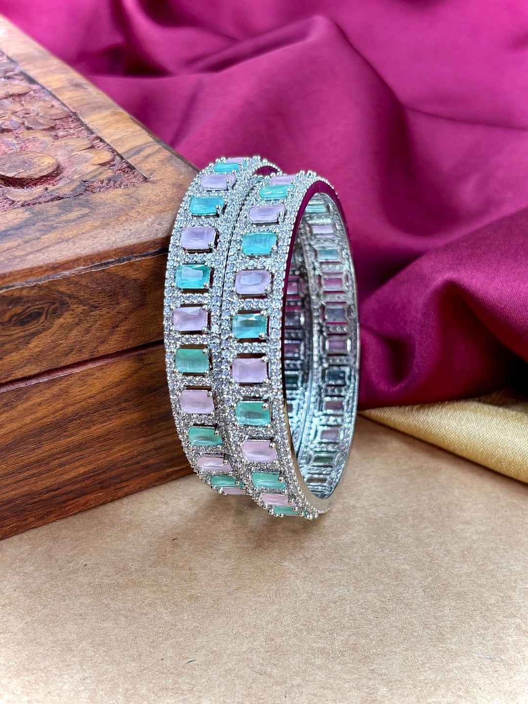 Ishhaara CZ Kundan Bangles - silver-toned bangles with pink and green stones - view 10