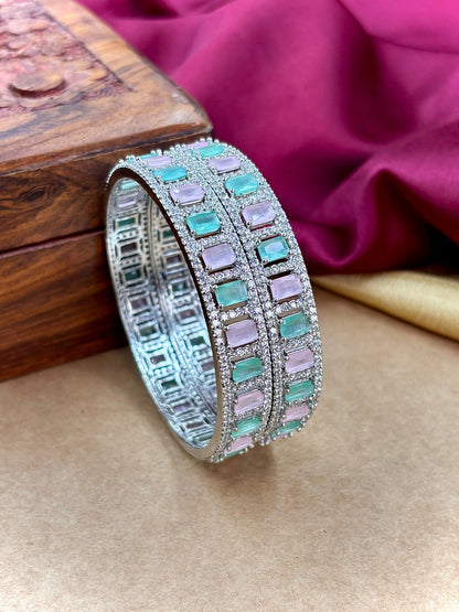 Ishhaara CZ Kundan Bangles - silver-toned bangles with pink and green stones - view 11