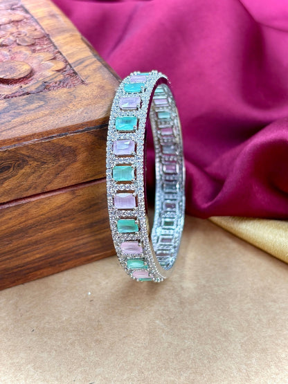 Ishhaara CZ Kundan Bangles - silver-toned bangles with pink and green stones - view 2