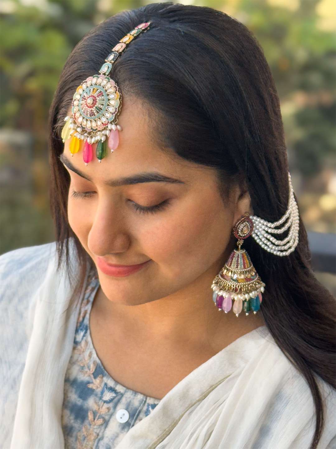 Ishhaara Jadau Jhumka Earrings With Sahara Earchain And Teeka