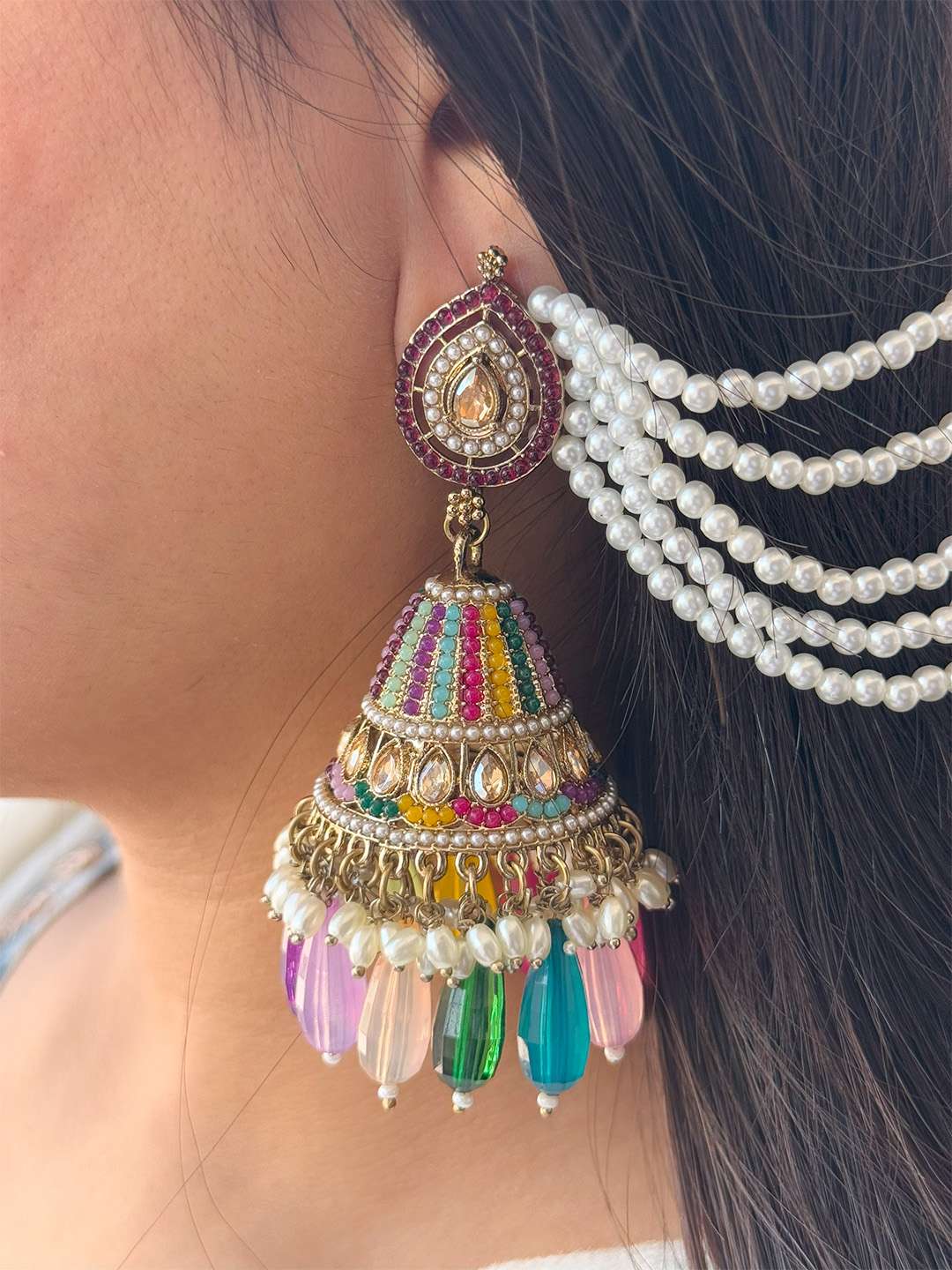 Ishhaara Jadau Jhumka Earrings With Sahara Earchain And Teeka