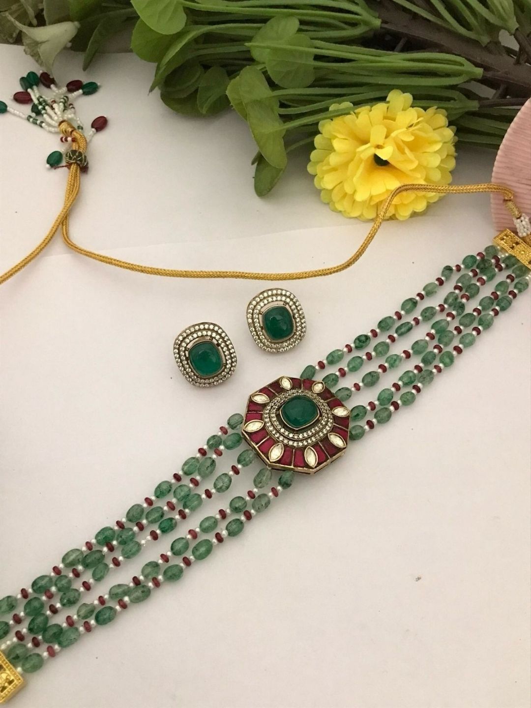 Ishhaara Jadau Kundan Green Bead High Neck Choker