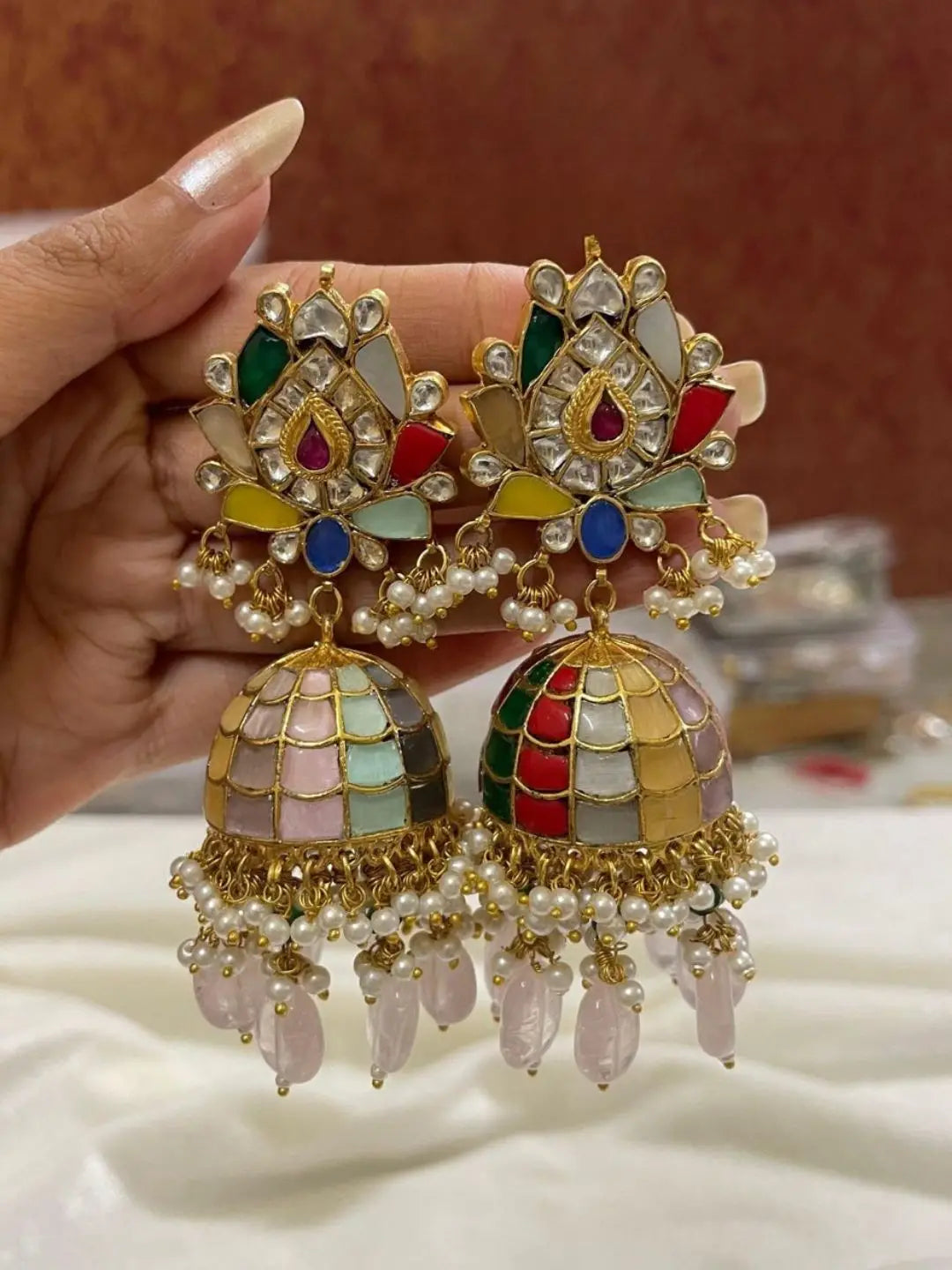 Ishhaara Jadau Kundan Navarathna Floral Jhumkas