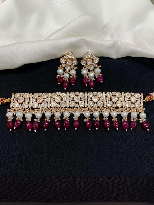 Ishhaara Jadau Kundan With Red Beads Chocker Necklace Set