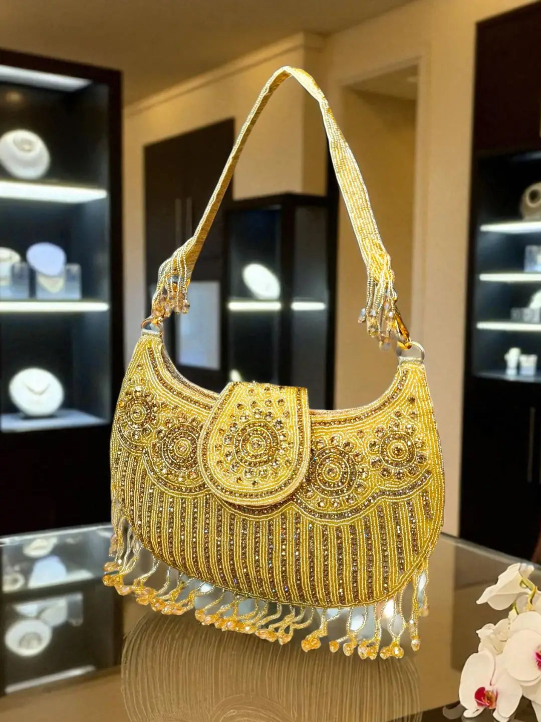 Ishhaara Kasturi Pearls Studded Diamond Crystal Flap Clutch