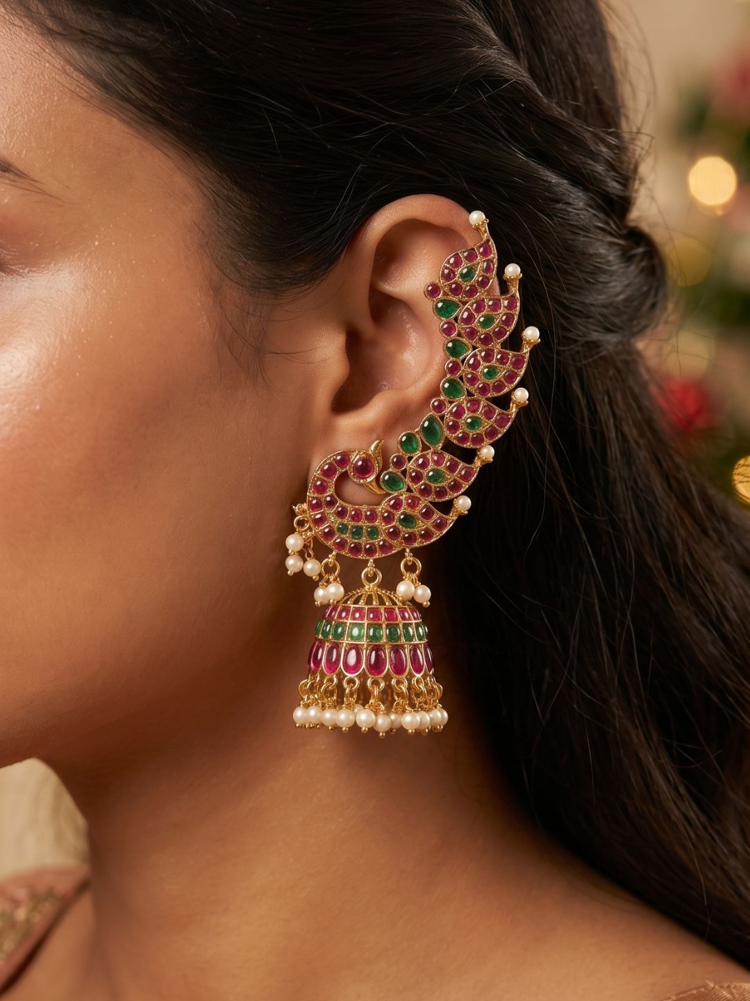 Ishhaara Kemp Stone Pearl Drop Rajwada Earcuff Jhumka