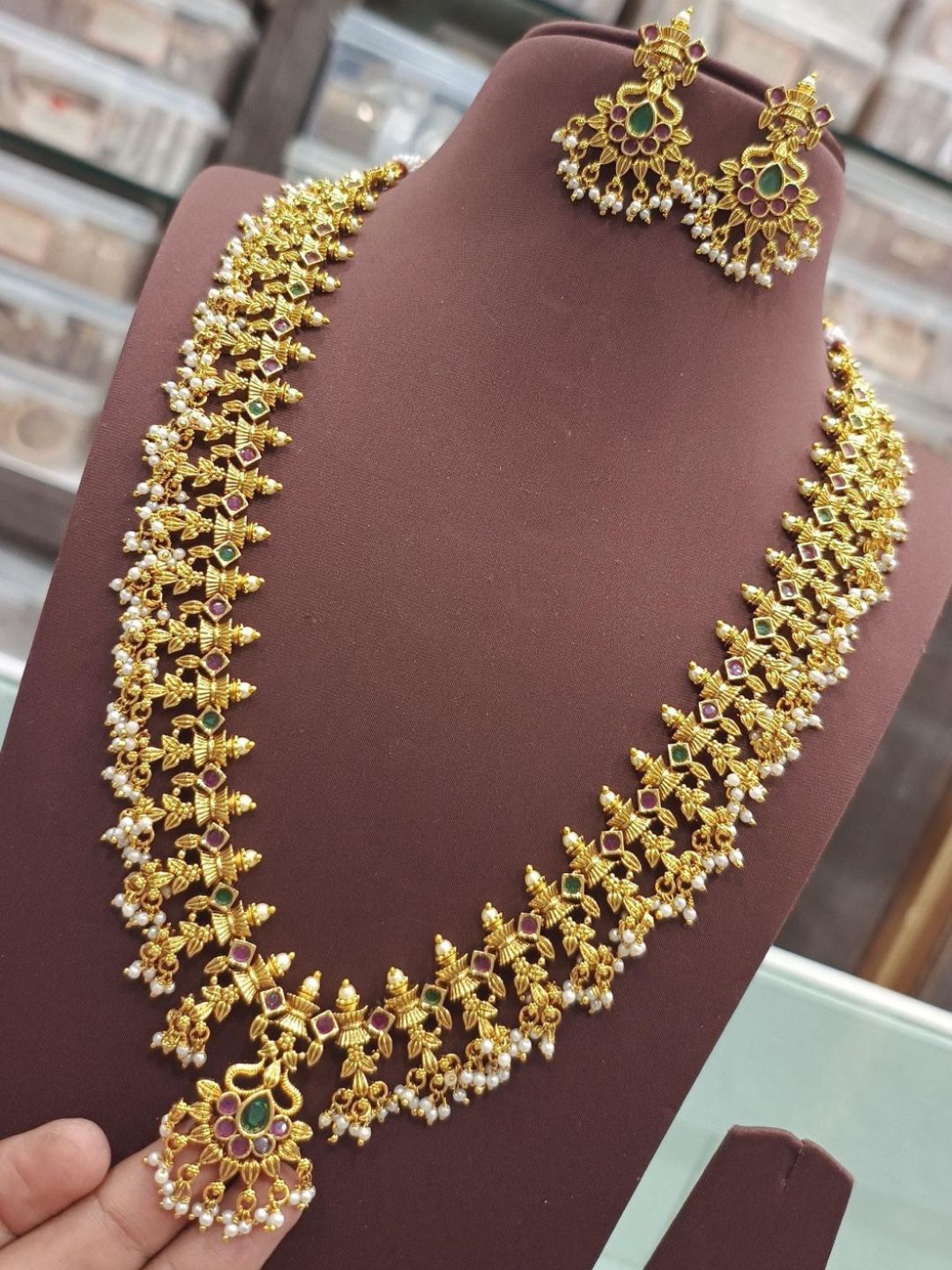 Ishhaara Kempu Pearl Long Necklace Temple Jewellery Set