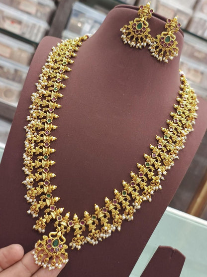 Ishhaara Kempu Pearl Long Necklace Temple Jewellery Set