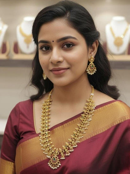 Ishhaara Kempu Pearl Long Necklace Temple Jewellery Set