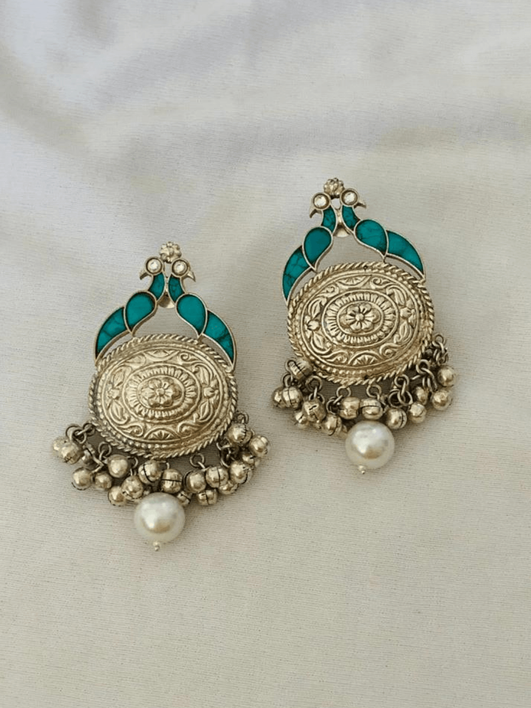 Ishhaara Khushnaz Ashdin Turner In Ocean Blue Peacock Oxidised Earrings