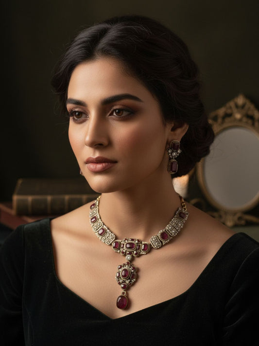 Ishhaara Kohinoor Ruby 925 Silver Necklace Set