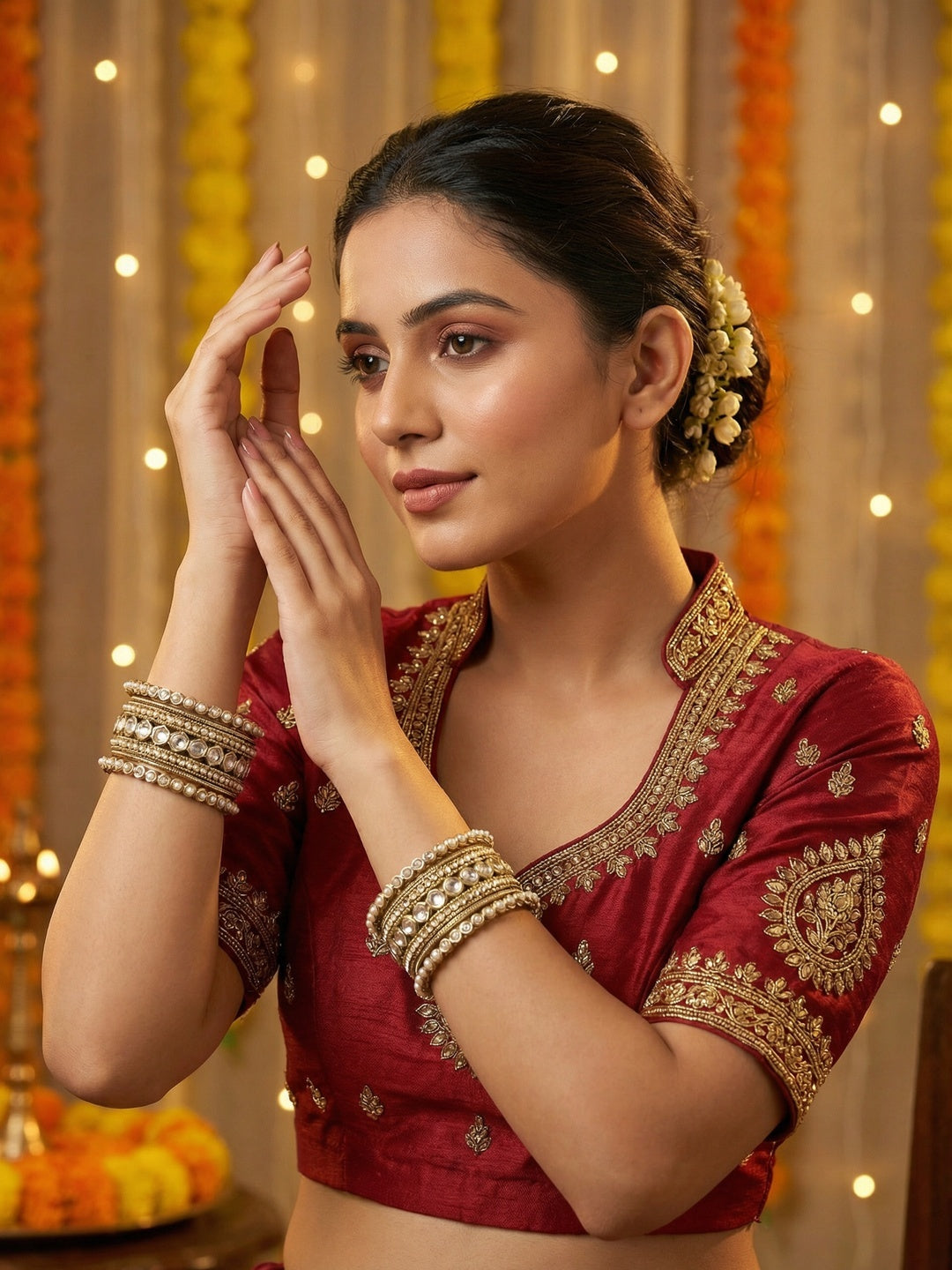 Ishhaara Kundan Bangle Set - a stack of intricately designed gold bangles with precious stones and pearls - view 4