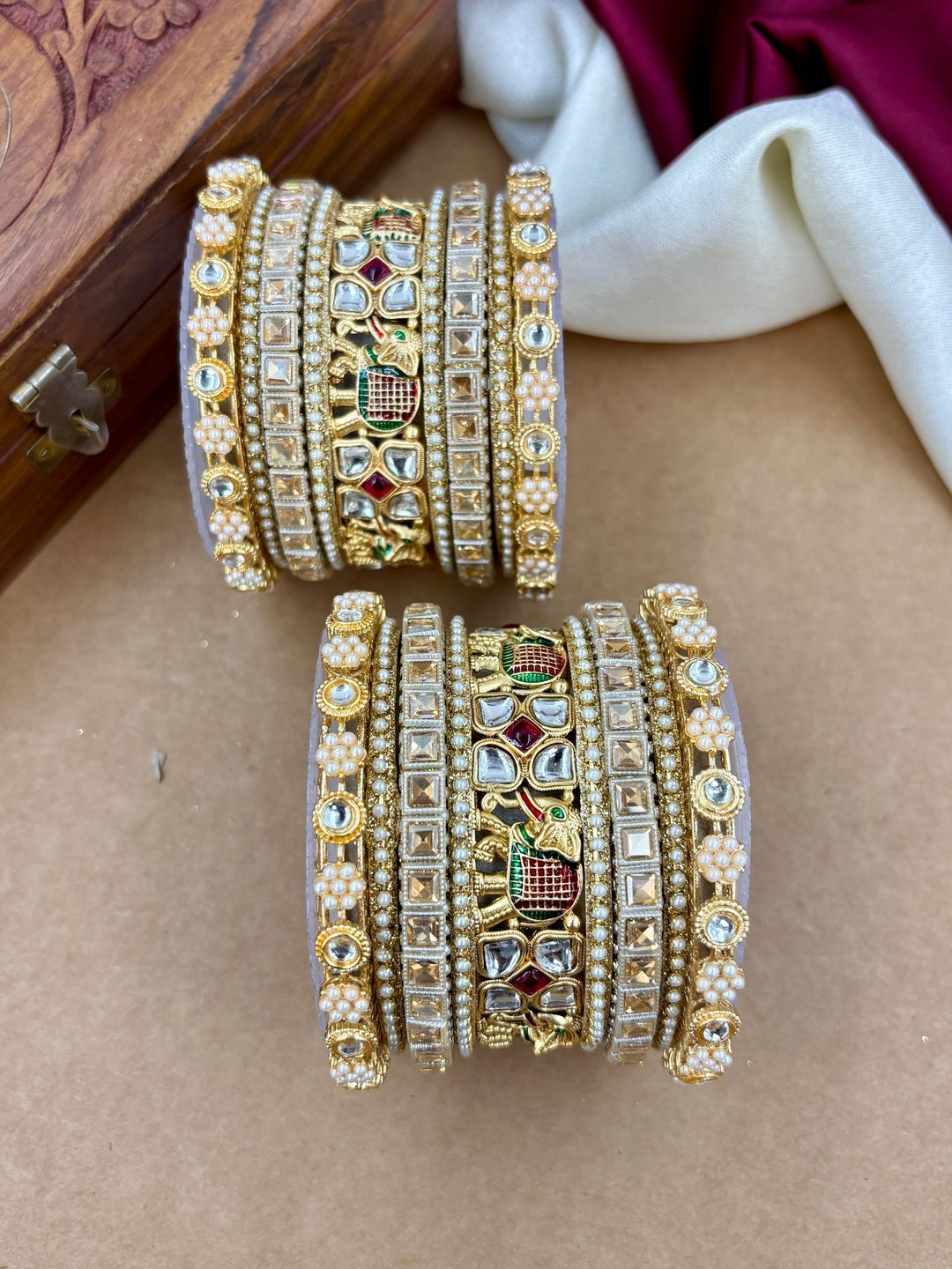 Ishhaara Kundan Bangle Set - A stunning collection of gold-plated bangles with Kundan work and pearls. - view 3