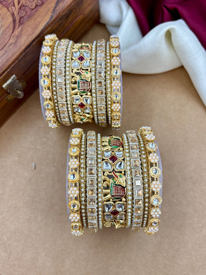 Ishhaara Kundan Bangle Set - A stunning collection of gold-plated bangles with Kundan work and pearls. - view 3