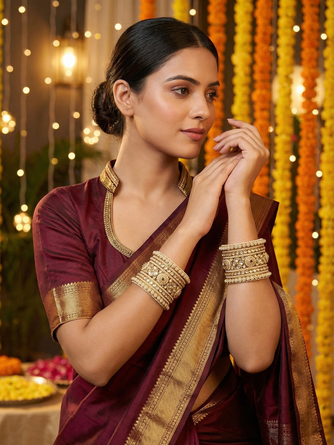 Ishhaara Kundan Bangle Set - A close-up view of a beautifully crafted Kundan bangle set with intricate designs and precious stones - view 2