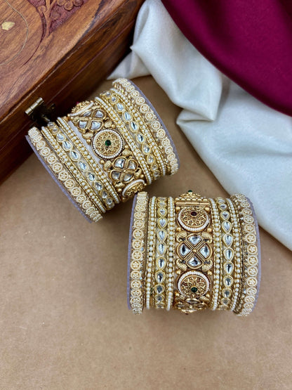 Ishhaara Kundan Bangle Set - A close-up view of a beautifully crafted Kundan bangle set with intricate designs and precious stones - view 4