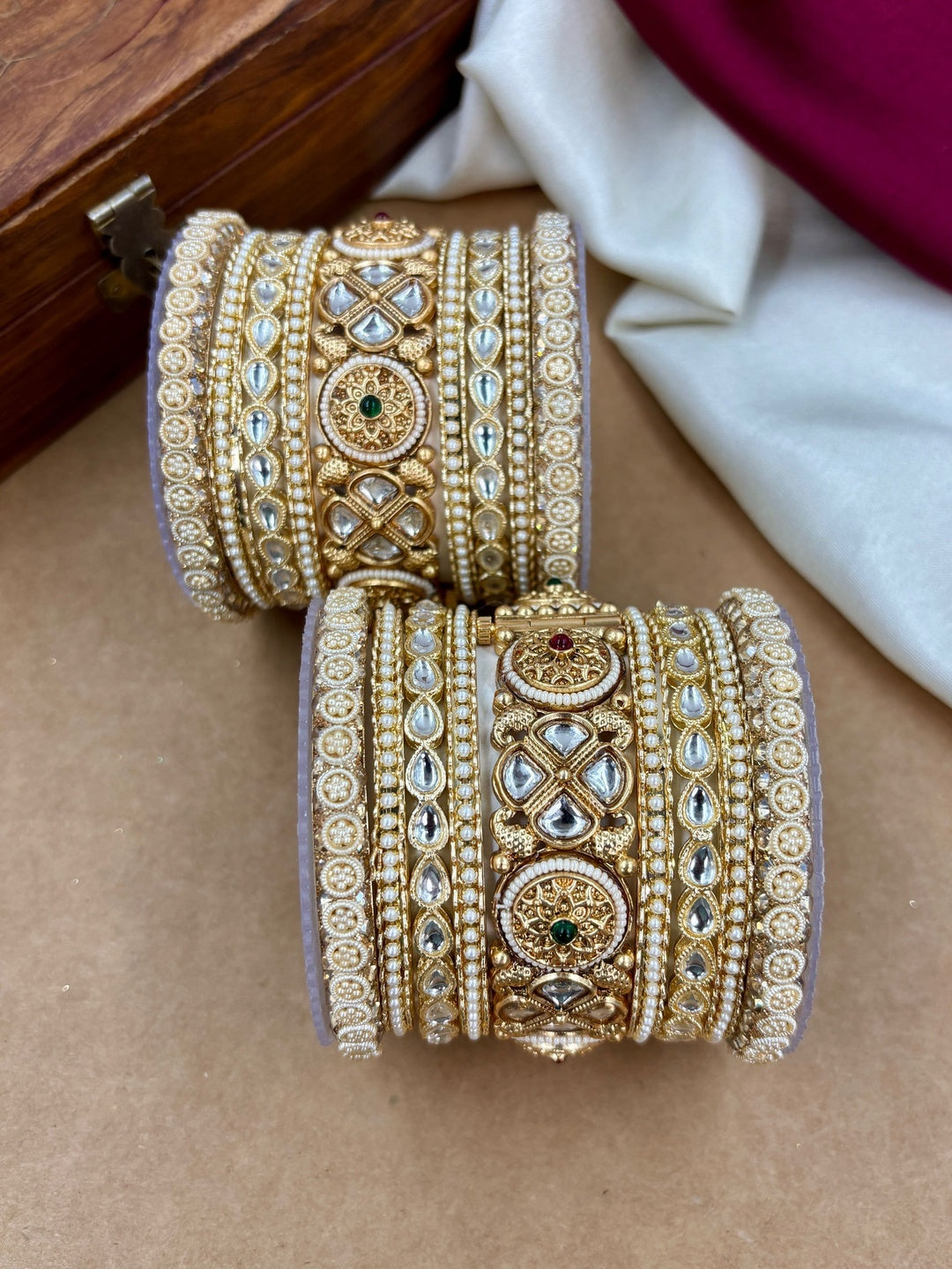 Ishhaara Kundan Bangle Set - A close-up view of a beautifully crafted Kundan bangle set with intricate designs and precious stones - view 5