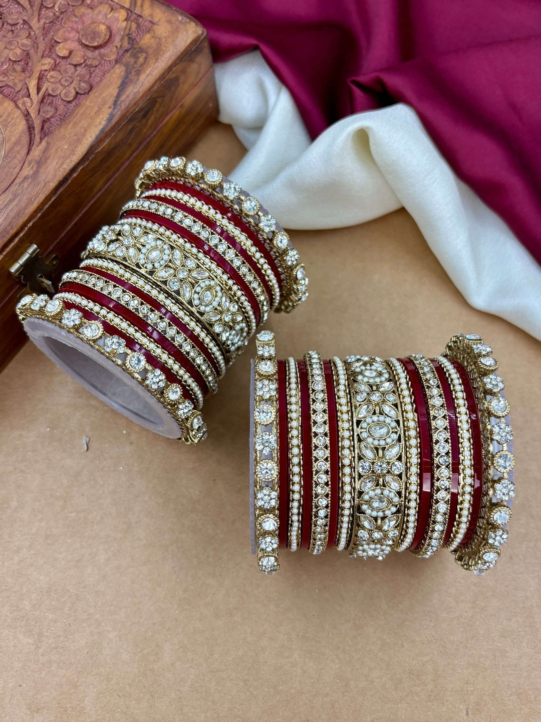 Ishhaara Kundan Bangle Set For Women - a pair of intricately designed red and white bangles with stones - view 4