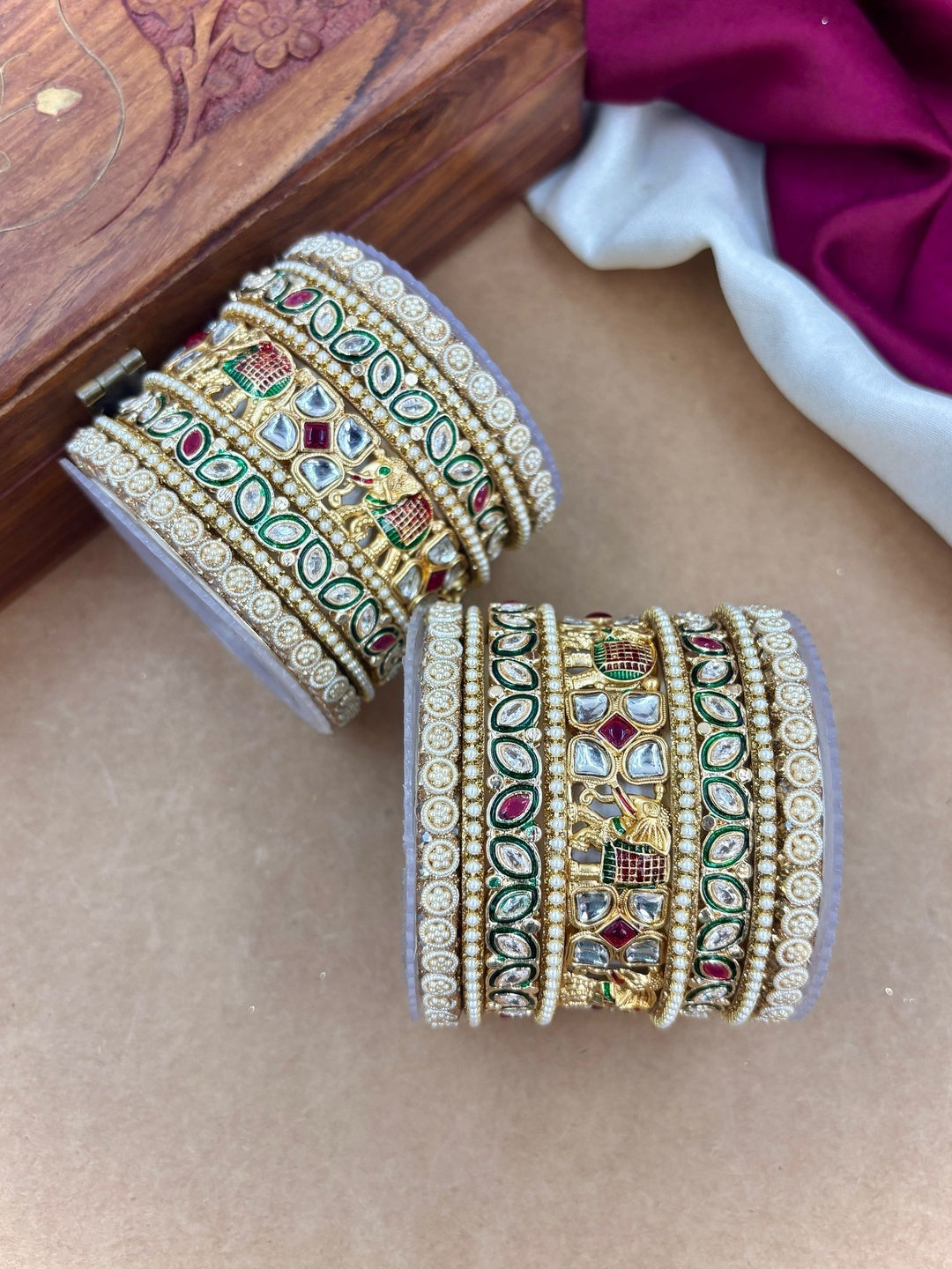 Ishhaara Kundan Bangle Set - A pair of intricately designed gold-plated bangles with kundan work and colorful stones. - view 4