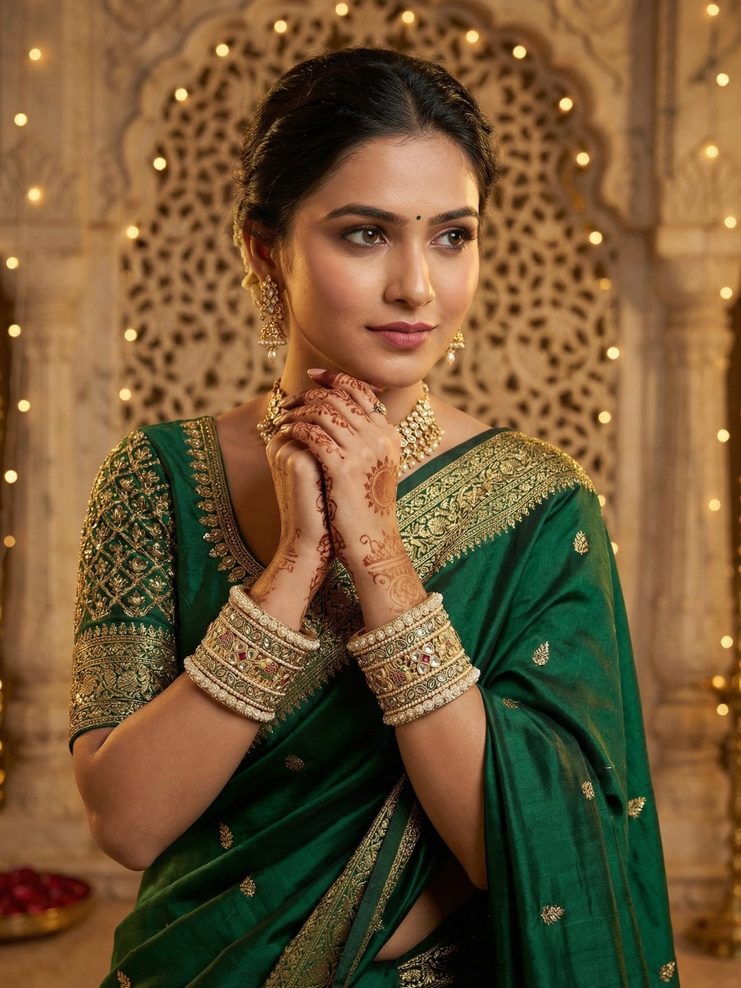 Ishhaara Kundan Bangle Set - A pair of intricately designed gold-plated bangles with kundan work and colorful stones. - view 5